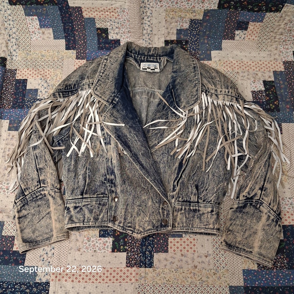 80s Vintage Yearbook Denim Fringe Jacket Womens Medium M Acid Wash Rodeo Bolero